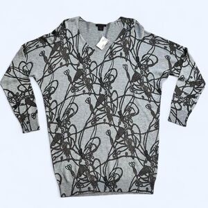 Alison Sheri Medium Gray Brown Rope Equestrian Mohair V-neck Knit Sweater Top